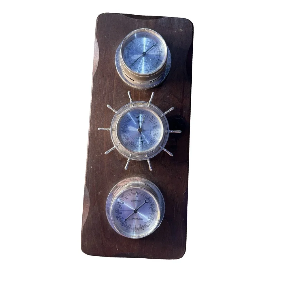 Vintage  Nautical Weather Station Wood Barometer Thermometer Humidity costal